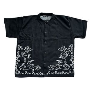Boohoo Black and White Mens Casual Button Down Shirt Boxy Jacquard Knit Floral